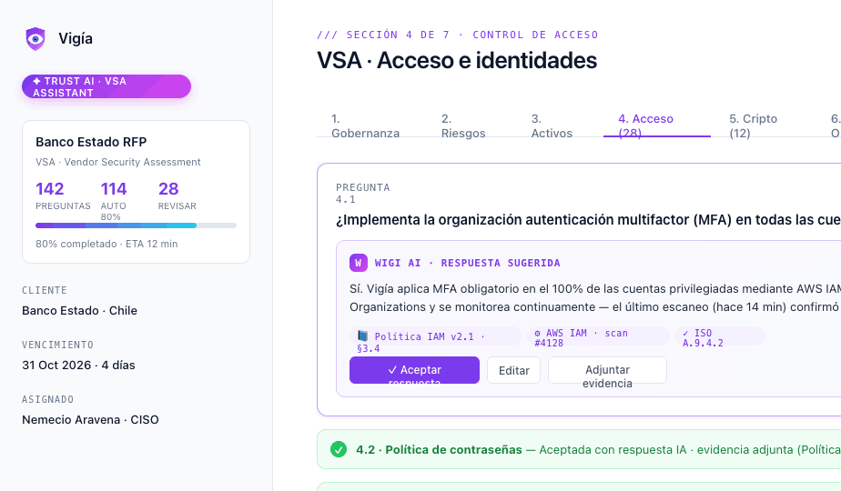 Formulario de cuestionario de seguridad VSA respondido automáticamente por Wigi AI