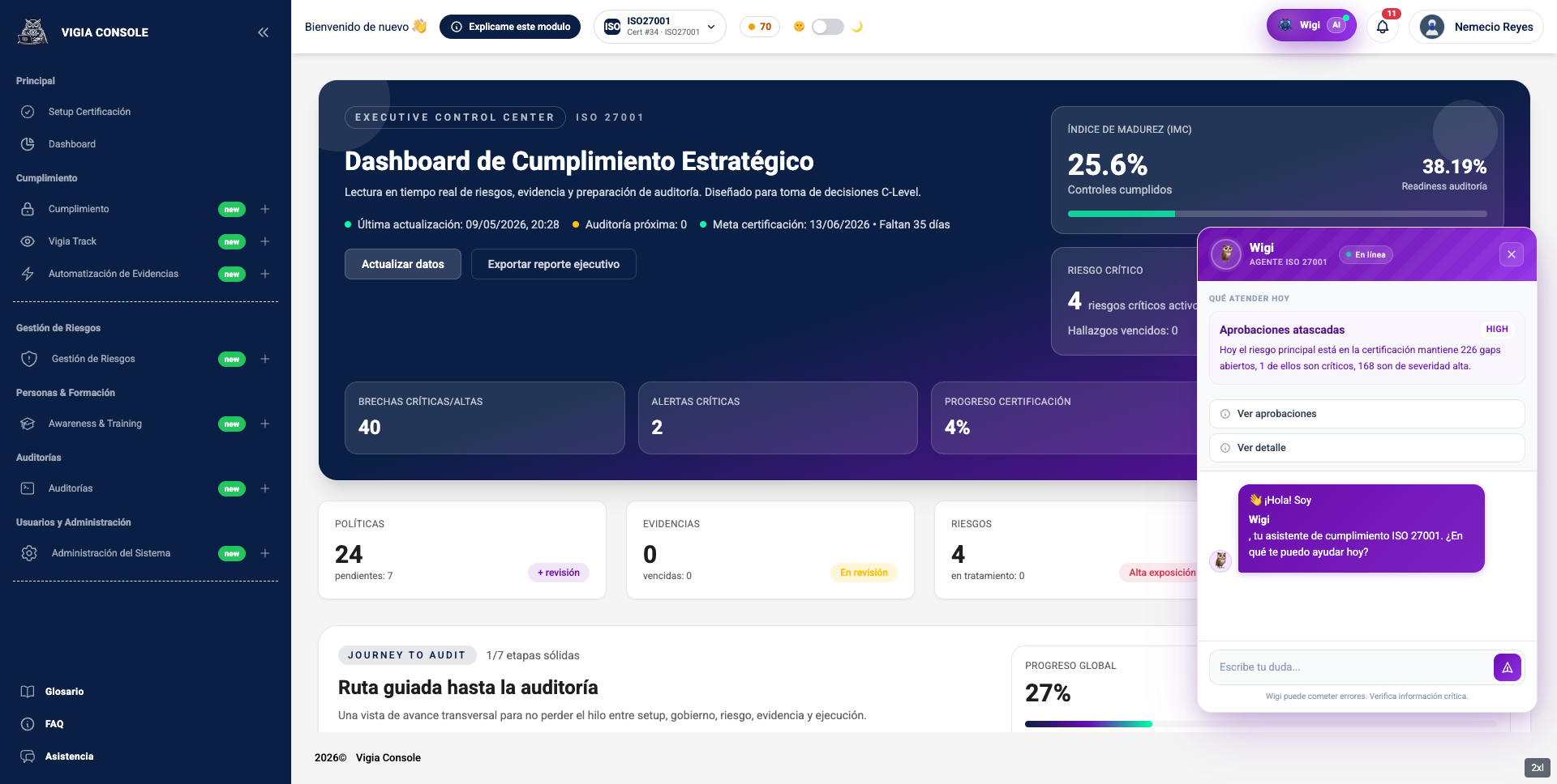 Wigi insights contextuales en dashboard con priorización de tareas